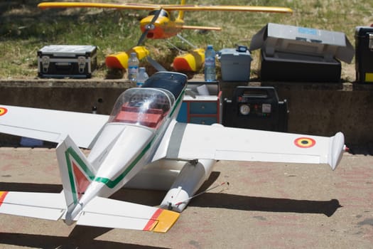Radio controlled Hydroplane flying and sailing over the Guadiana river surface, Badajoz, Spain
