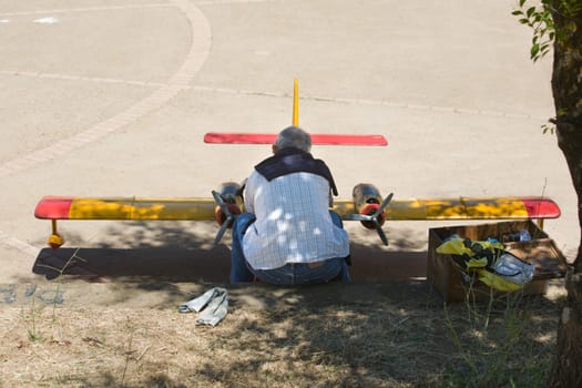 Radio controlled Hydroplane been fixed on Guadiana riverside, Badajoz, Spain