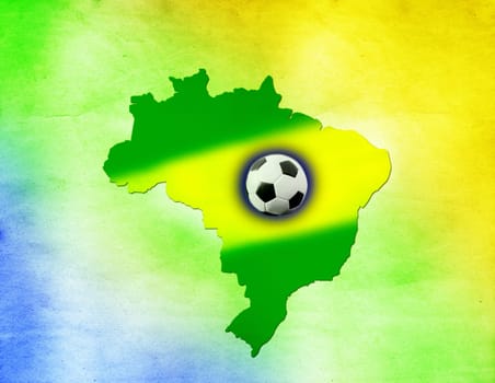 Vintage photo of soccer ball, Brazil map and the colors of the flag