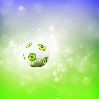 Soccer ball on blue, yellow and green background representing the colors of the Brazil flag
