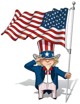 Vector Cartoon Illustration of Uncle Sam saluting and holding a waving American flag.
