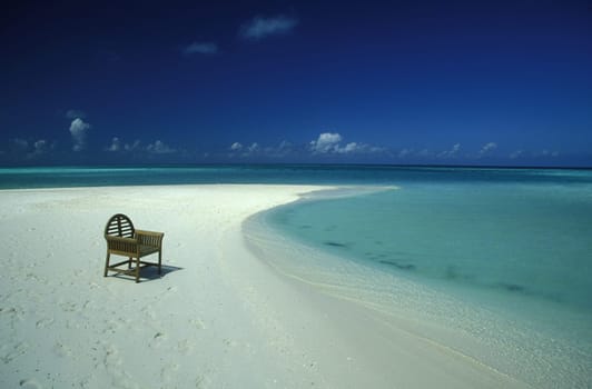 .The dream beach with palm trees and white sand on the island of Velavaru in the Southmale Atoll on the islands of the Maldives in the Indian Ocean.