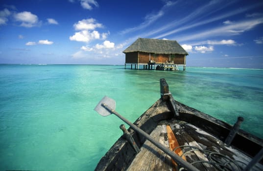 .On a Dhoni sailing ship in the island world in the Northmale Atoll on the islands of the Maldives in the Indian Ocean.