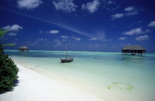 .Die Bungalows der Resort und Insel Vakarufalhi im Ari Atoll auf den Inseln der Malediven im Indischen Ozean.