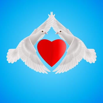 Two white doves form the shape of the wings of the red heart