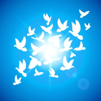Many white dove fly in  blue sky