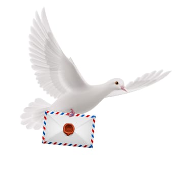 Dove fly with male in beak on white background