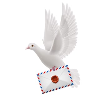 White pigeon flying with letter in beak