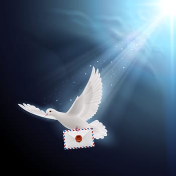 Pigeon fly with letter in beak on dark background