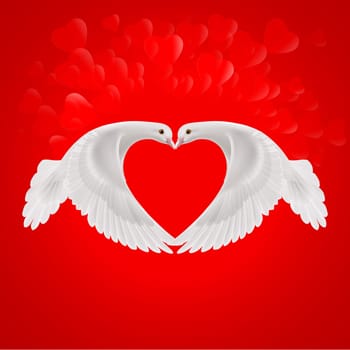 Two white doves make the shape of the wings of the red heart