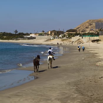 MANCORA,PERU - AUGUST 17,2013: Unidentified people and horses on the beach on August 17,2013 in Mancora,Peru. Mancora is one of the most popular beach towns in Peru.