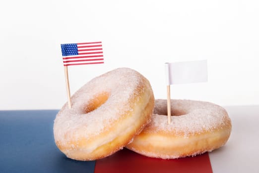 Two Donuts with an American Flag and a white Banner with Copyspace, Isolated