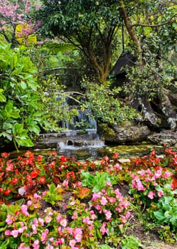 Flower garden with waterfall