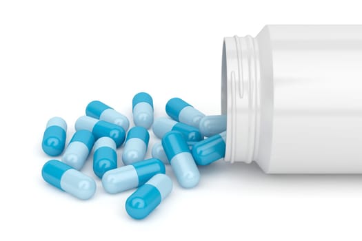 Blue capsules spilling out of plastic bottle