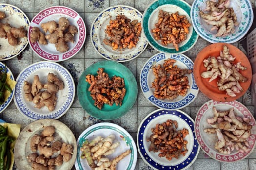 A selection of gemuese,fruits and whirkers at the market in the center of the capital Bandar Seri Begawan in the kingdom of Brunei Darussalam on Borneo in South East Asia.