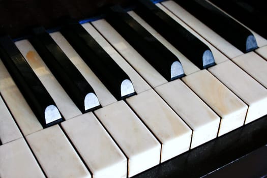 A vintage piano photo with a close up on the keys