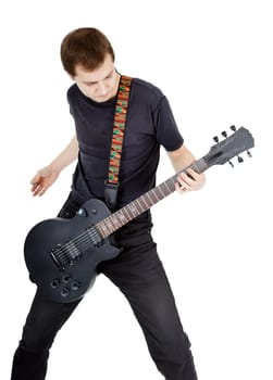 Man with a guitar on a white background. Performer with an electric guitar