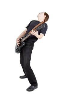 Man with a guitar on a white background. Performer with an electric guitar