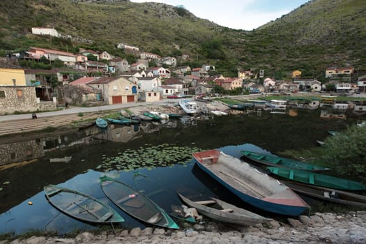 The fishing village of Vranjina on Lake Skadar in Montenegro in the Balkans in Europe.