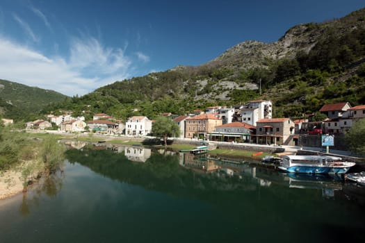 The mountain village of Rijeka Crnojevica in Montenegro in the Balkans in Europe.