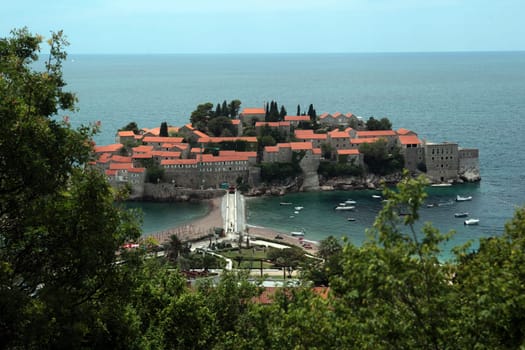 The Hotel Island in Sveti Stefan on the Mediterranean Coast in Montenegro in the Balkans in Eastern Europe