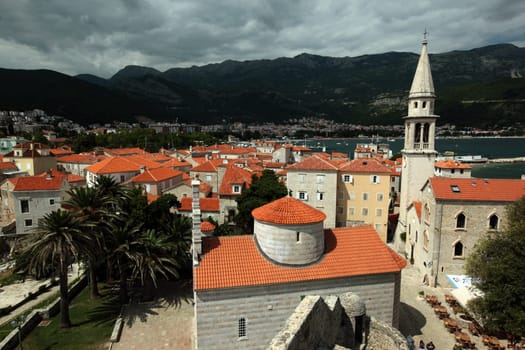 The old town in the city of Budva on the Mediterranean coast in Montenegro in the Balkans in Eastern Europe.