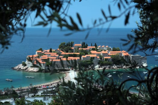 The hotel island Sveti Stefan on the Mediterranean Sea in Montenegro in the Balkans in Europe.