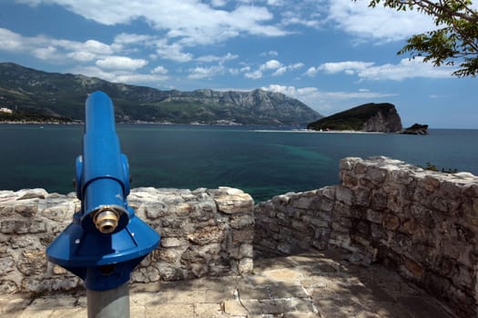 The view from the citadel in the town of Budva on the Mediterranean coast in Montenegro in the Balkans in Eastern Europe.