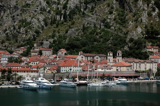 The city of Kotor in Kotor Bay on the Mediterranean Coast in Montenegro in the Balkans in Eastern Europe.