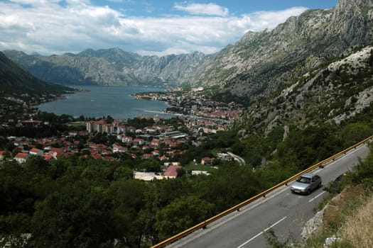 The old town of Kotor in the inner bay of Kotor in Montenegro in the Balkans on the Mediterranean Sea in Europe.