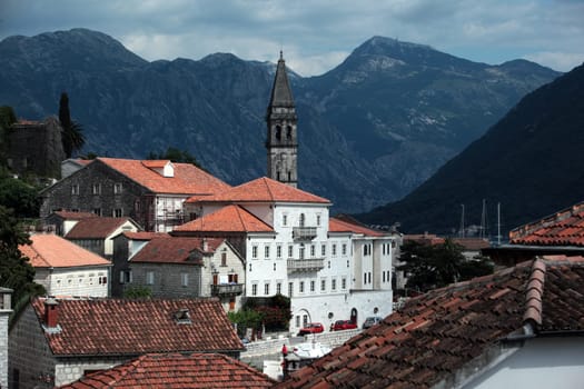 The old town of Persat in the inner bay of Kotor in Montenegro in the Balkans on the Mediterranean Sea in Europe.