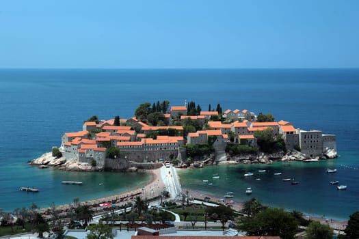 The Hotel Island in Sveti Stefan on the Mediterranean Coast in Montenegro in the Balkans in Eastern Europe.