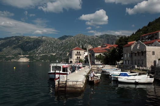 The village of Persat in the bay of Kotor on the Mediterranean Sea in Montenegro in the Balkans in Europe.