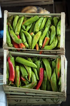 Pepperoni or pepper pods at the market in the old town of Kotor in the inner bay of Kotor on the Mediterranean Sea in Montenegro in Europe.