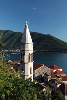 The old town of Persat in the inner bay of Kotor in Montenegro in the Balkans on the Mediterranean Sea in Europe.