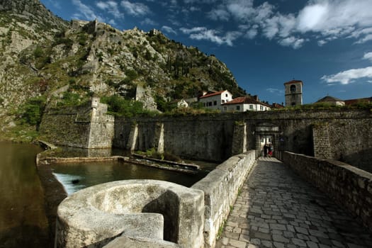 The city wall of the old town of the city of Kotor in the Kotor Bay on the Mediterranean coast in Montenegro in the Balkans in Eastern Europe.