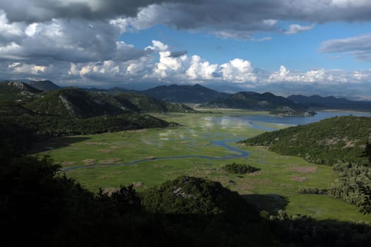 The landscape with the shore of Skadar Lake or Skadarsko Jezerobei Virpazar in Montenegro in Europe.