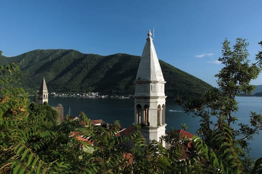 The old town of Persat in the inner bay of Kotor in Montenegro in the Balkans on the Mediterranean Sea in Europe.