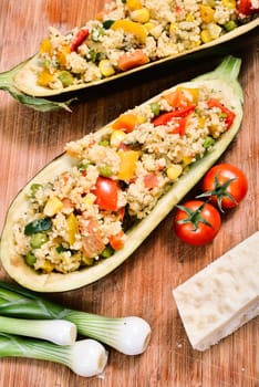 couscous with vegetables inside a hollowed eggplant