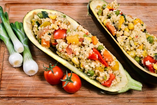 couscous with vegetables inside a hollowed eggplant