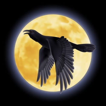 Black crow soars on the background of a  moon night