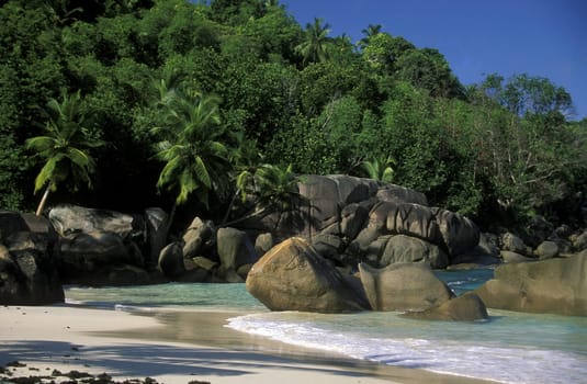 A dream beach on the island of La Digue in the Seychelles in the Indian Ocean.