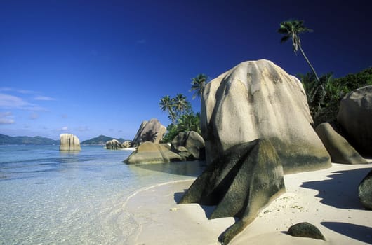 Africa,Indian Ocean,Seychelles,Island,Beach,Travel,Vacation,Sea,Beach,La Digue,. A dream beach on the western coast of the island of La Digue audf of the Seychelles archipelago in the Indian Ocean off Africa.