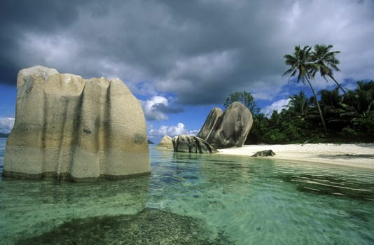 A dream beach on the island of La Digue in the Seychelles archipelago in the Indian Ocean in Africa.