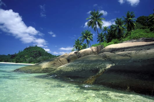 A dream beach on the island of La Digue in the Seychelles in the Indian Ocean.
