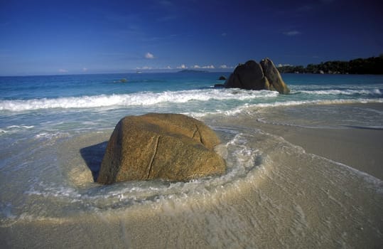 A dream beach on the island of La Digue in the Seychelles in the Indian Ocean.