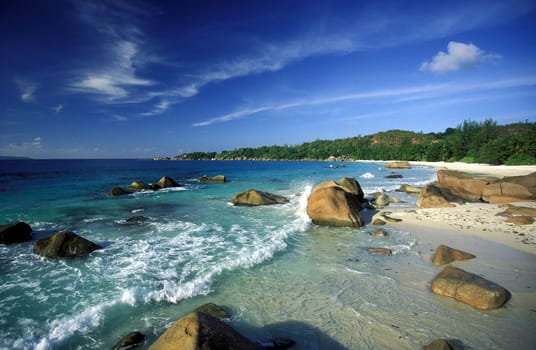 The landscape on the island of Mahe in the Seychelles in the Indian Ocean.