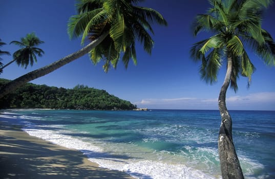 The landscape on the island of Mahe in the Seychelles in the Indian Ocean.