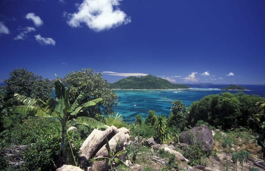 The landscape on the island of Mahe in the Seychelles in the Indian Ocean.
