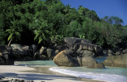 A dream beach on the island of La Digue in the Seychelles in the Indian Ocean.